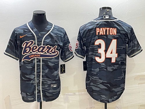 Men's Chicago Bears Blank #34 Walter Payton Gray Camo With Patch Cool Base Stitched Baseball Jersey 001